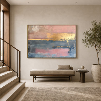 Blush Pink and Blue Abstract Canvas Art with Gold Accents