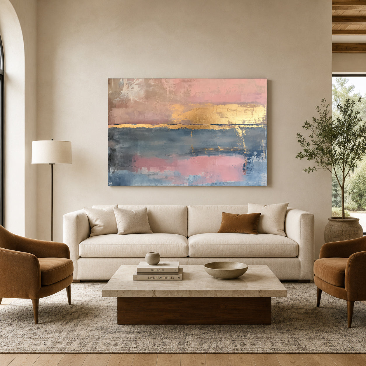 Blush Pink and Blue Abstract Canvas Art with Gold Accents