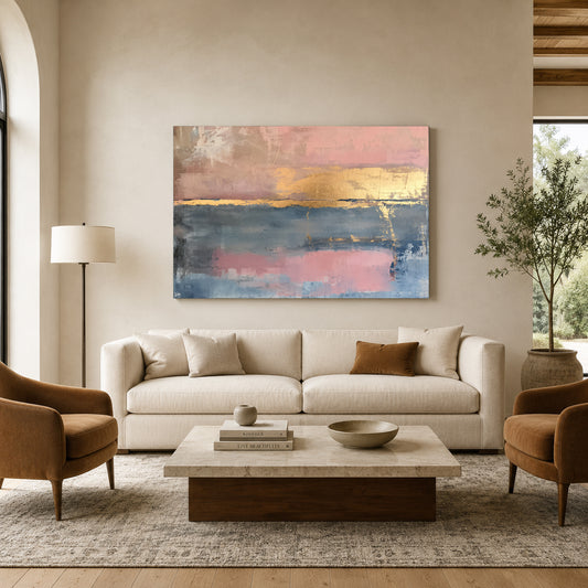 Blush Pink and Blue Abstract Canvas Art with Gold Accents