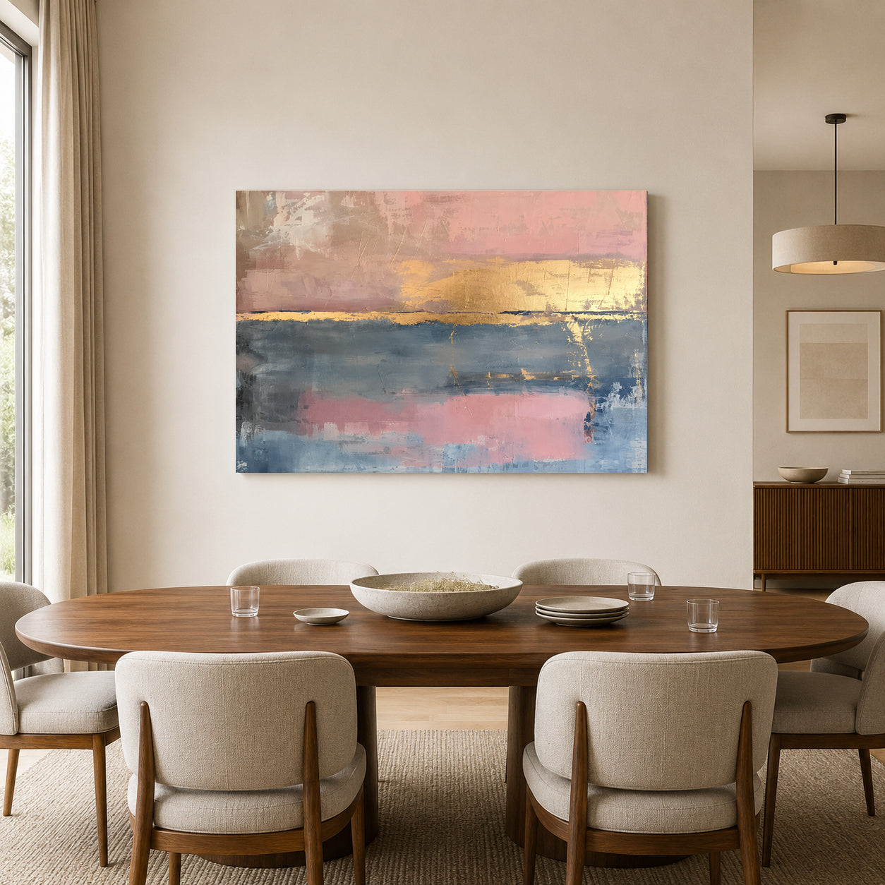 Blush Pink and Blue Abstract Canvas Art with Gold Accents