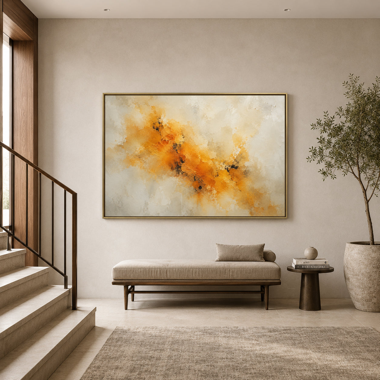 A large framed abstract painting with orange, gold, and cream brushstrokes hangs on a beige wall in a modern, minimalist living room setting with a bench, side table, and potted tree.