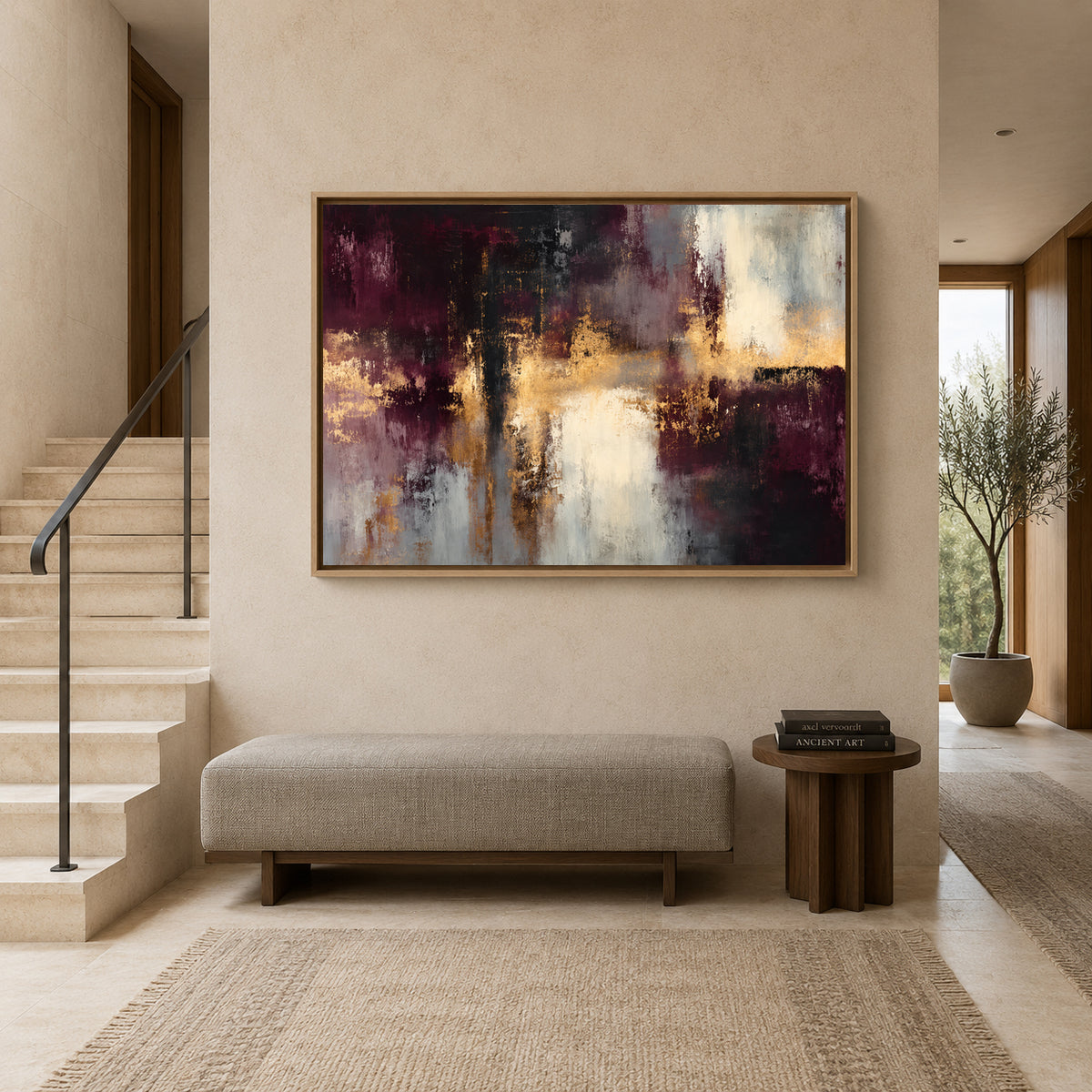 Burgundy and Gold Abstract Canvas Art with Ivory Accents
