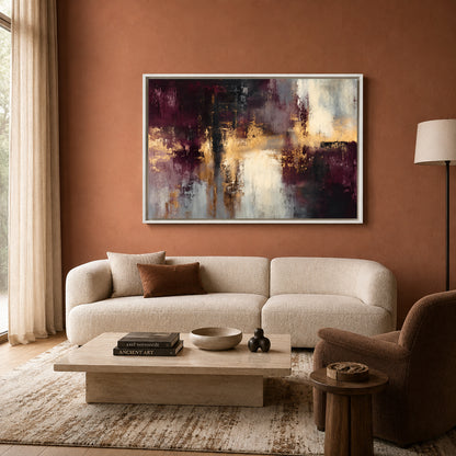 Burgundy and Gold Abstract Canvas Art with Ivory Accents