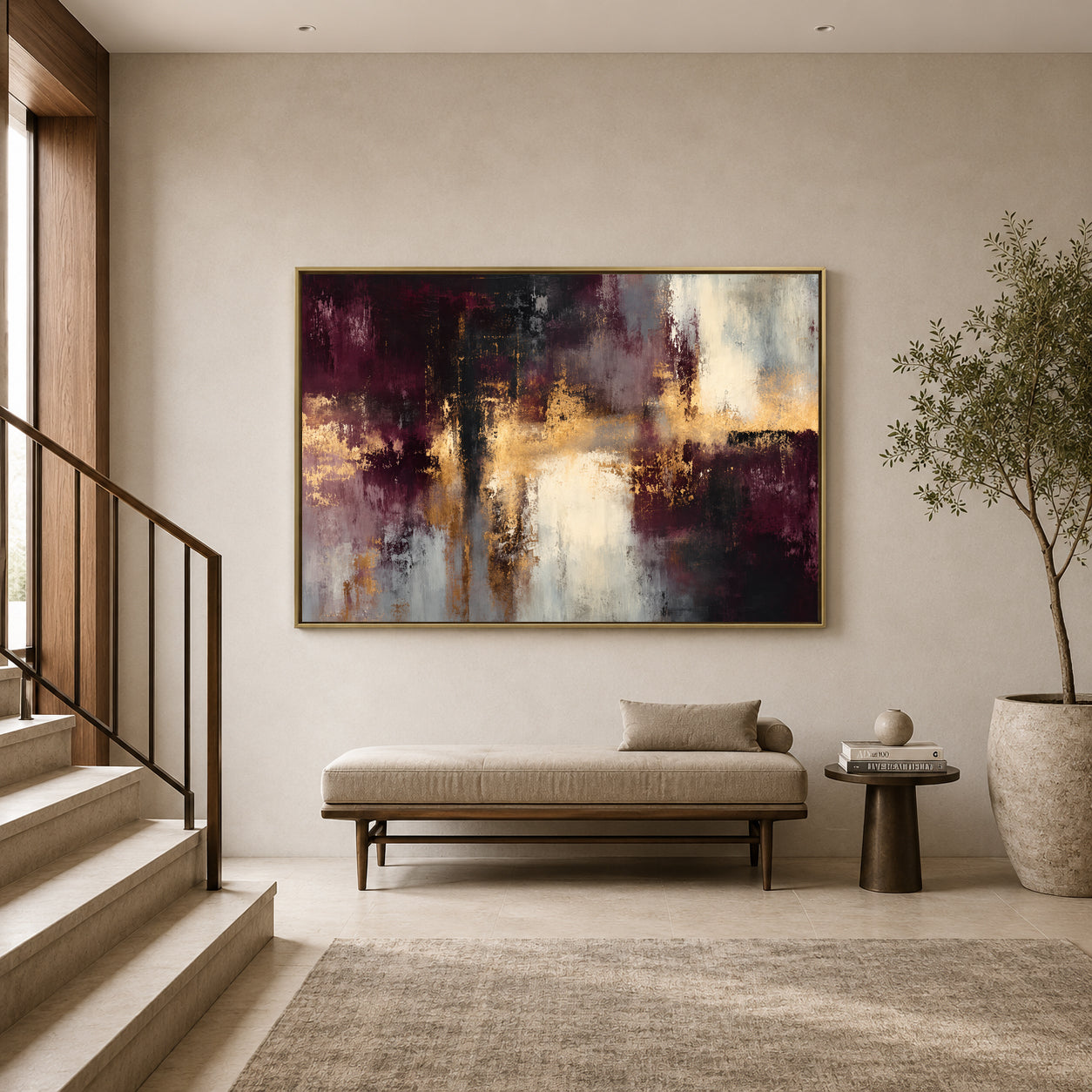 Burgundy and Gold Abstract Canvas Art with Ivory Accents