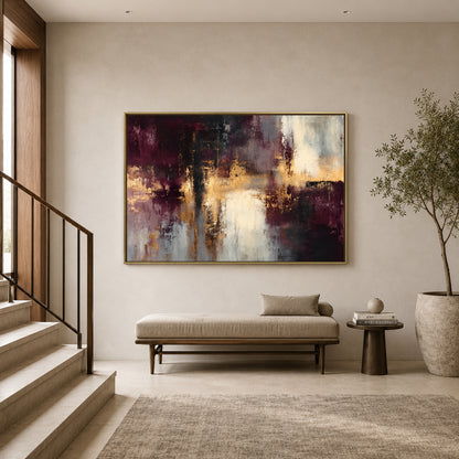 Burgundy and Gold Abstract Canvas Art with Ivory Accents