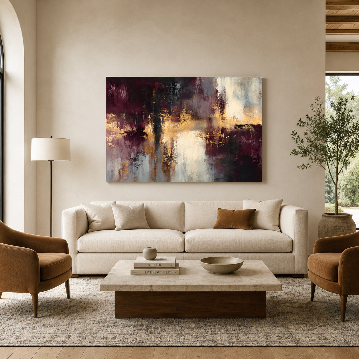 Burgundy and Gold Abstract Canvas Art with Ivory Accents