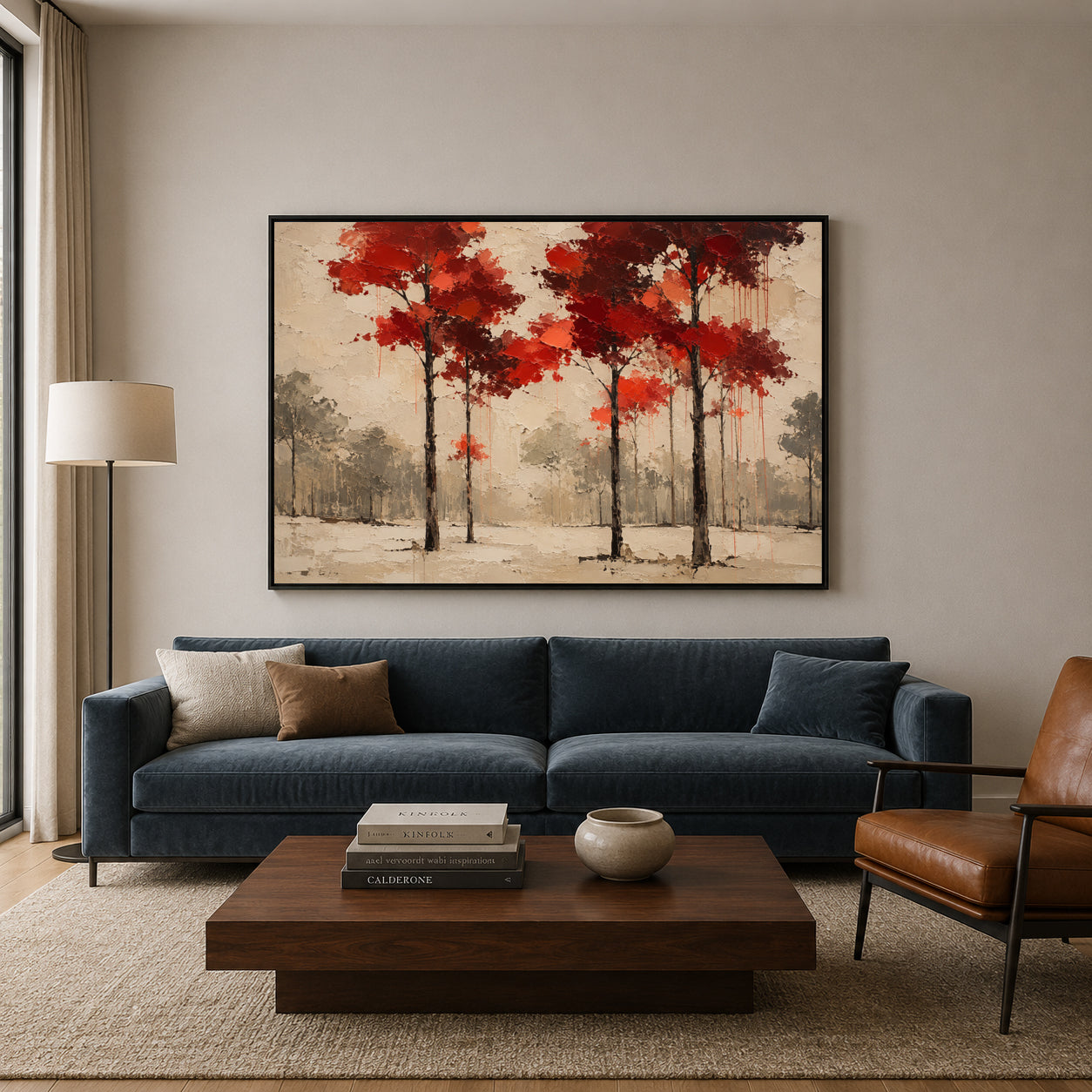 Crimson Canopy Modern Forest Landscape Canvas Art