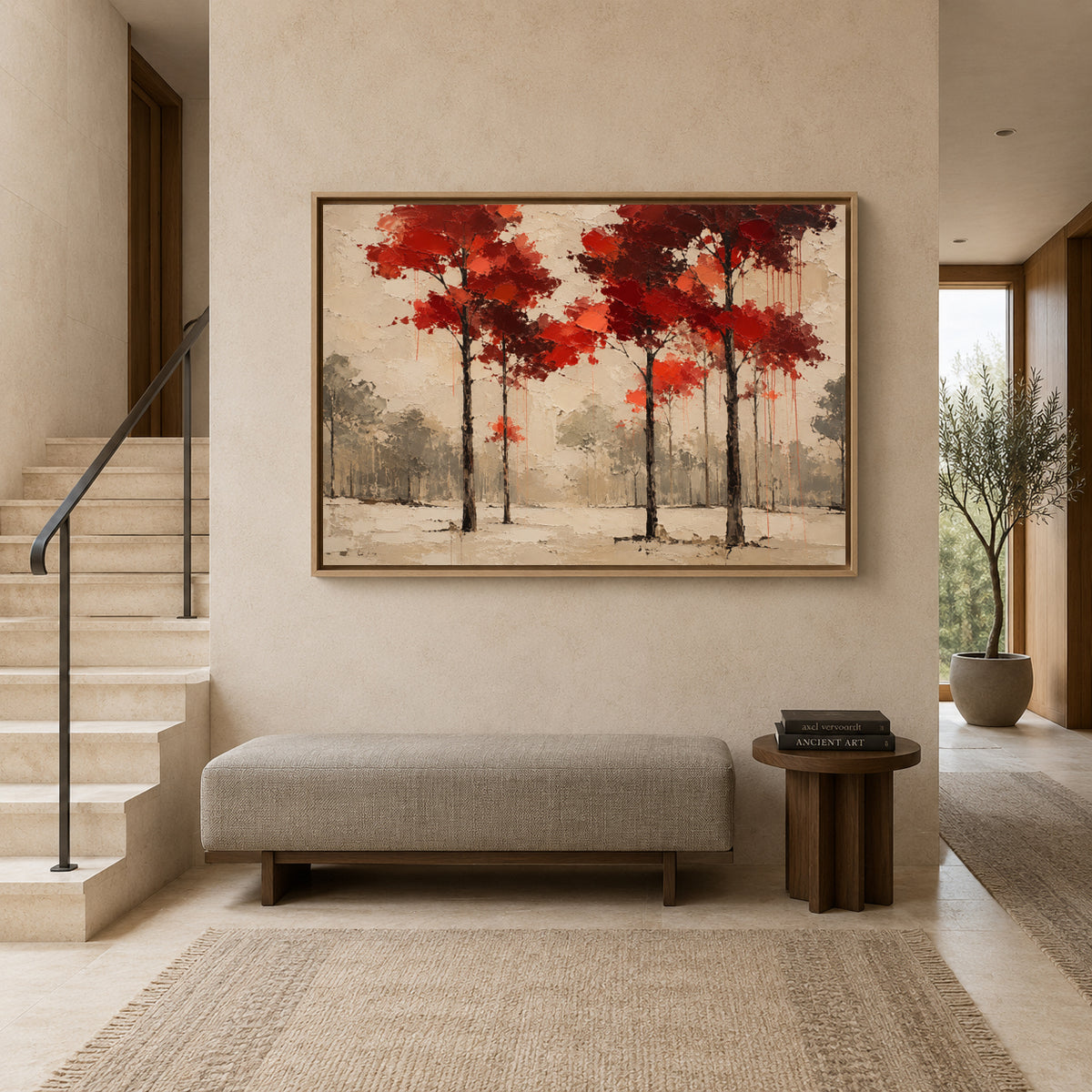 Crimson Canopy Modern Forest Landscape Canvas Art