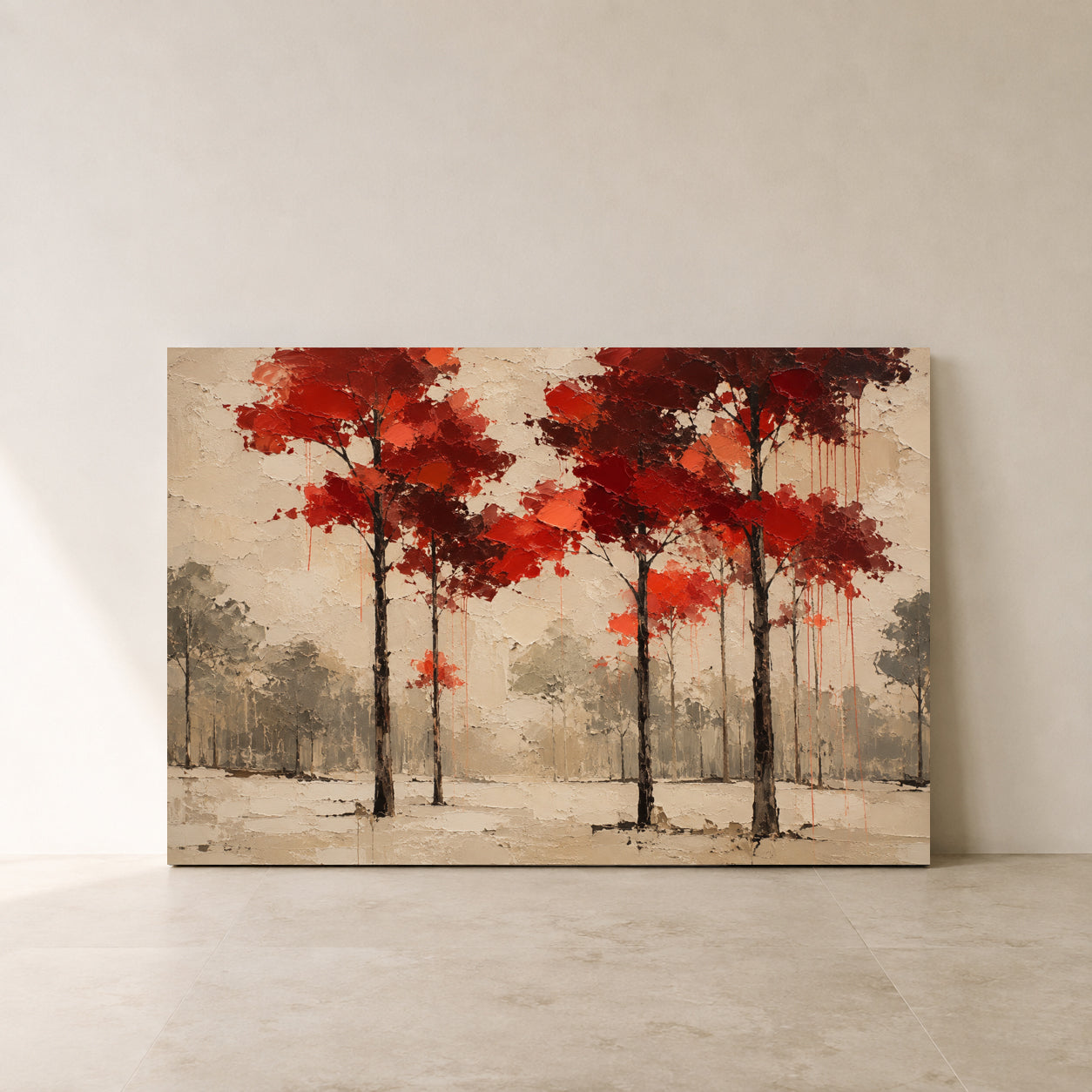 Crimson Canopy Modern Forest Landscape Canvas Art