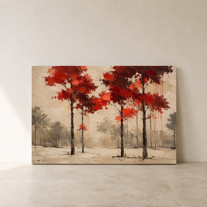 Crimson Canopy Modern Forest Landscape Canvas Art