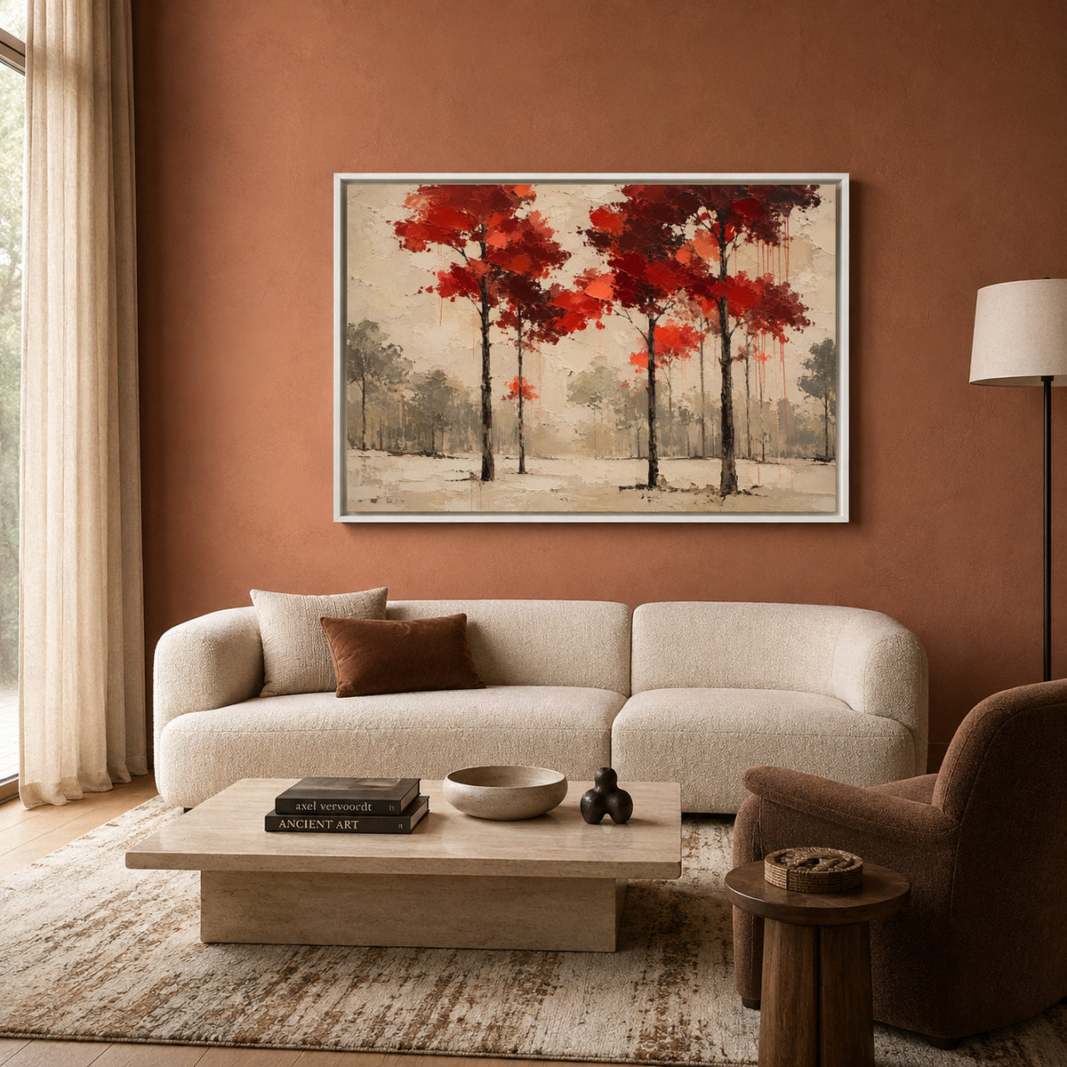 Crimson Canopy Modern Forest Landscape Canvas Art