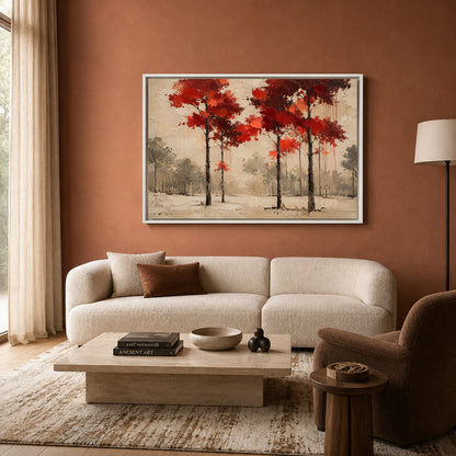 Crimson Canopy Modern Forest Landscape Canvas Art