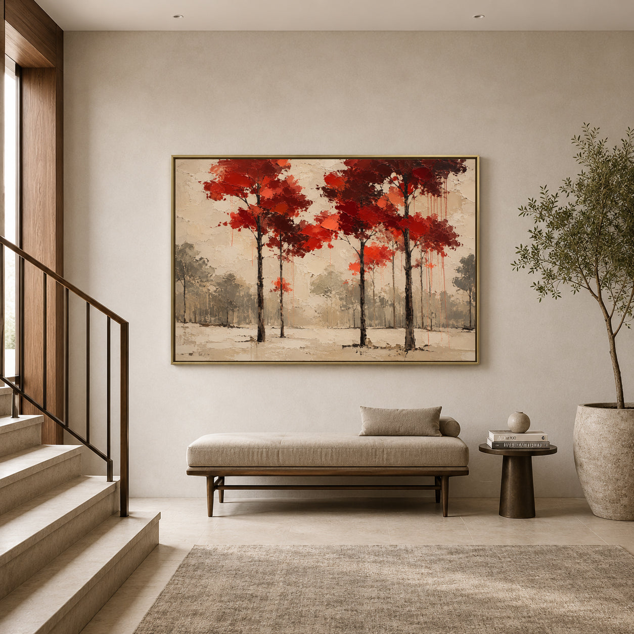Crimson Canopy Modern Forest Landscape Canvas Art