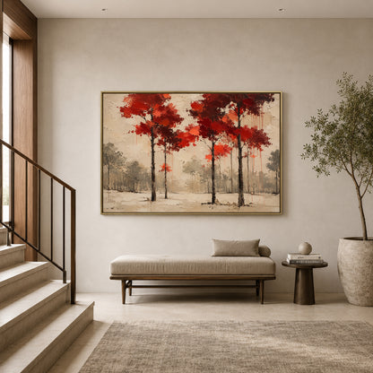 Crimson Canopy Modern Forest Landscape Canvas Art