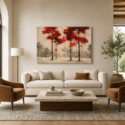 Crimson Canopy Modern Forest Landscape Canvas Art