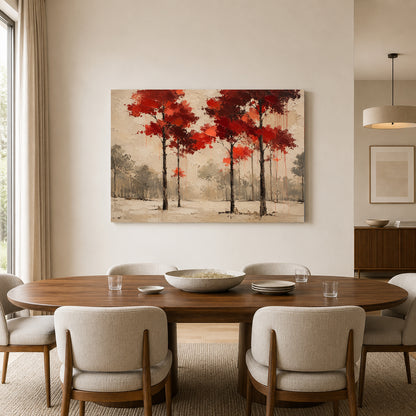 Crimson Canopy Modern Forest Landscape Canvas Art