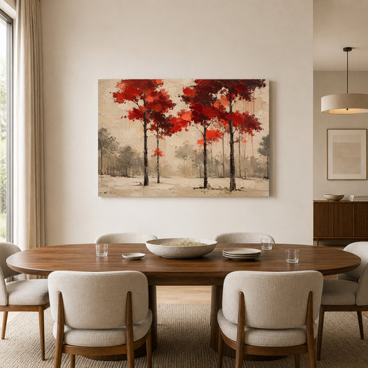 Crimson Canopy Modern Forest Landscape Canvas Art
