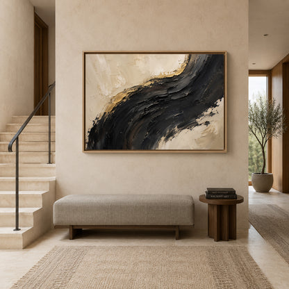 Midnight Arc Black Gold Textured Abstract Canvas Art