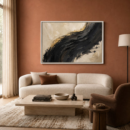 Midnight Arc Black Gold Textured Abstract Canvas Art