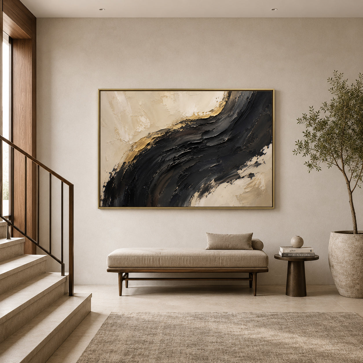 Midnight Arc Black Gold Textured Abstract Canvas Art