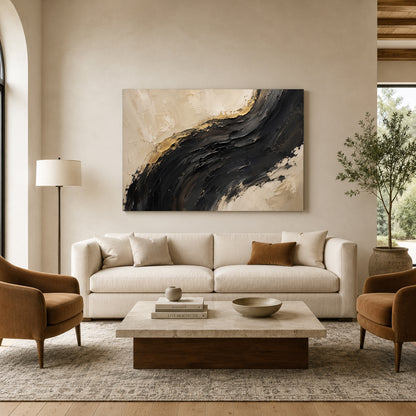 Midnight Arc Black Gold Textured Abstract Canvas Art
