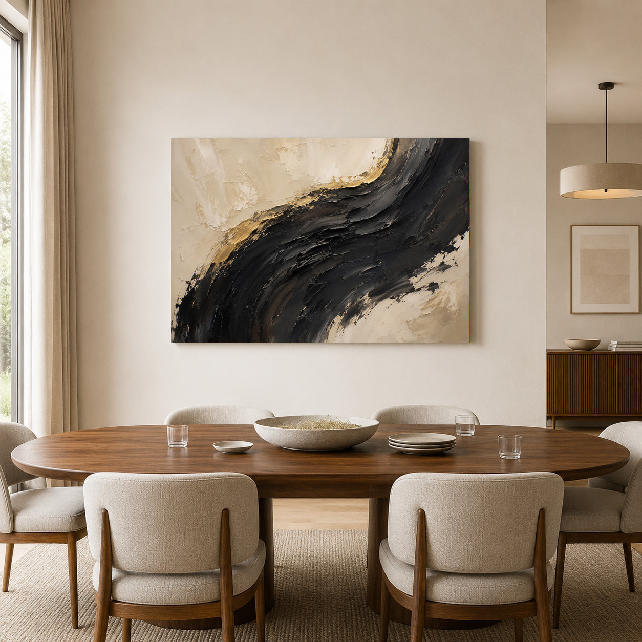 Midnight Arc Black Gold Textured Abstract Canvas Art