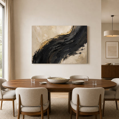 Midnight Arc Black Gold Textured Abstract Canvas Art