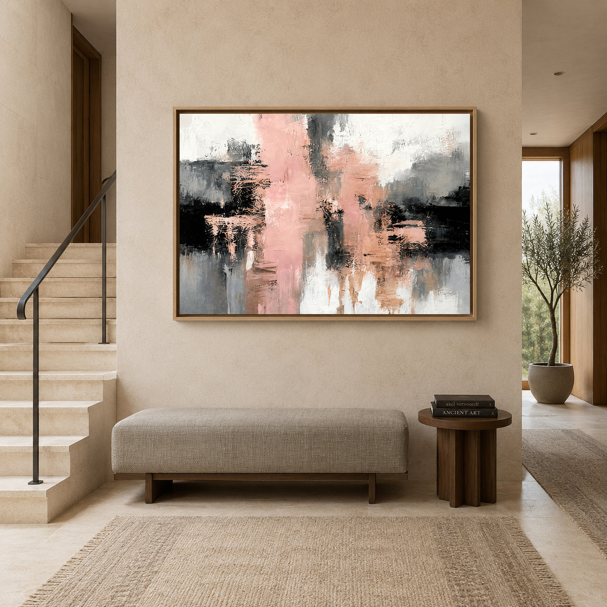 Blush Pink and Black Abstract Canvas Art with Grey Accents
