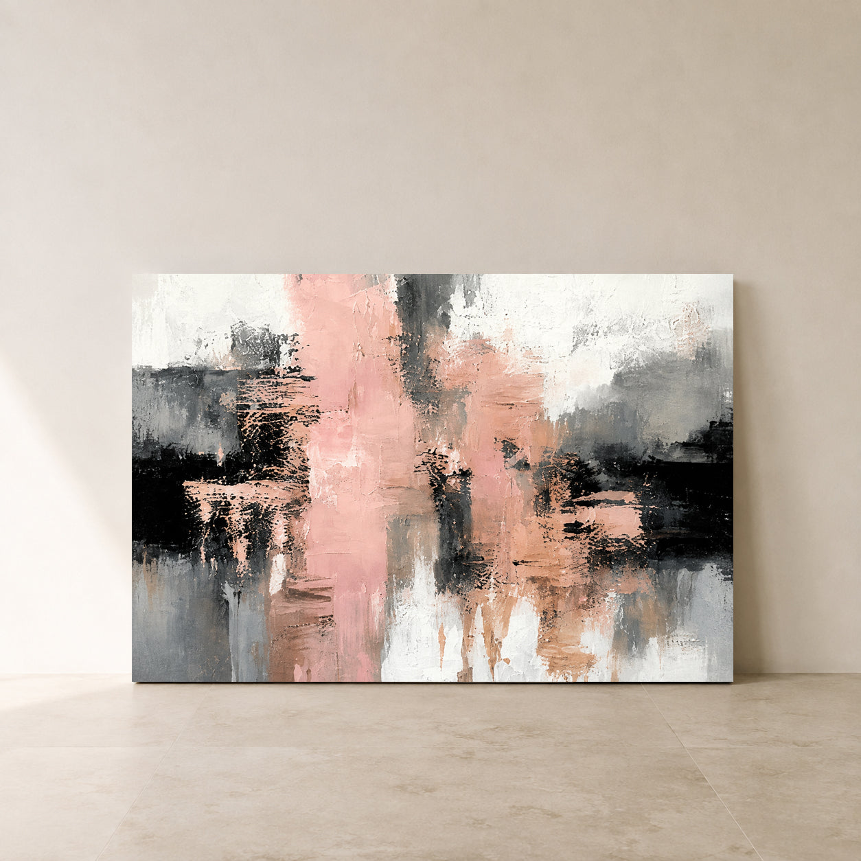 Blush Pink and Black Abstract Canvas Art with Grey Accents