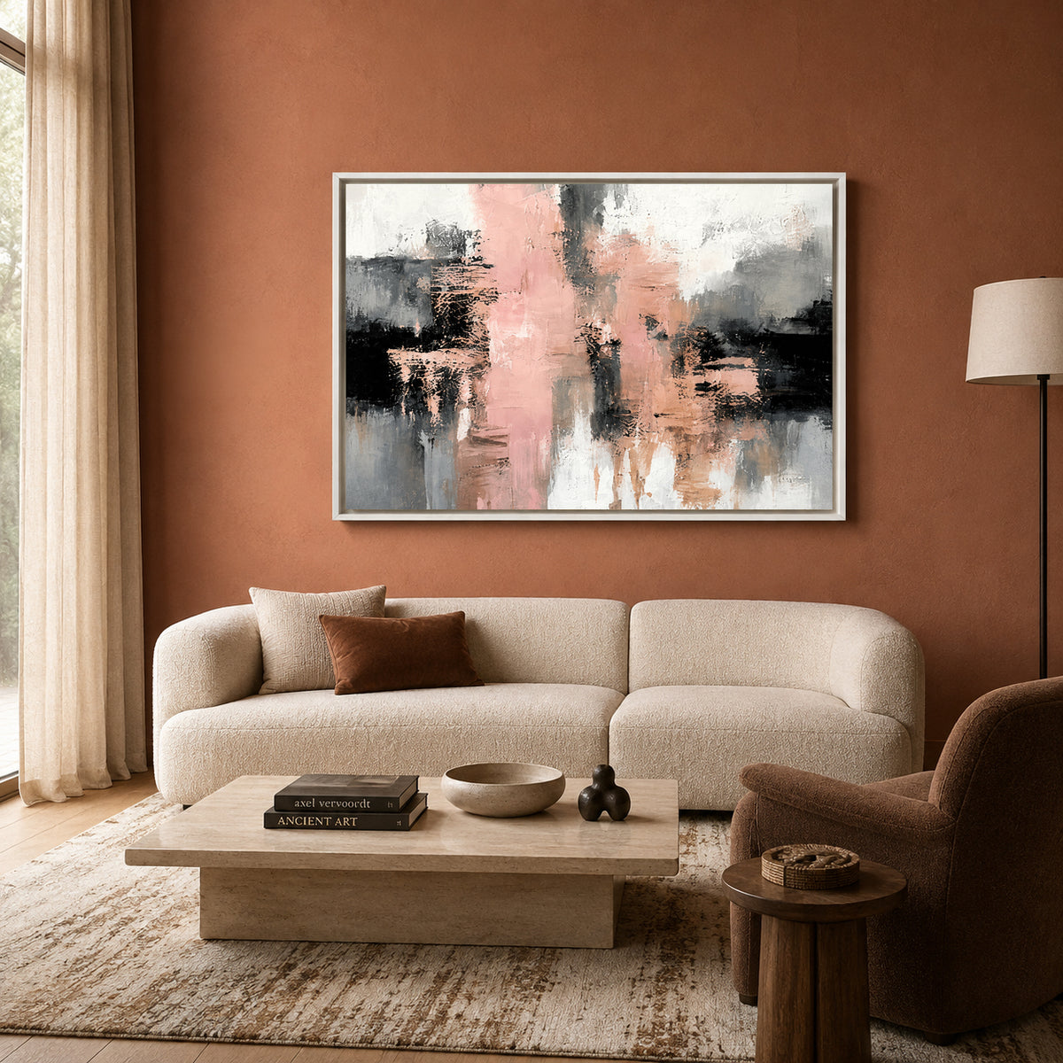 Blush Pink and Black Abstract Canvas Art with Grey Accents