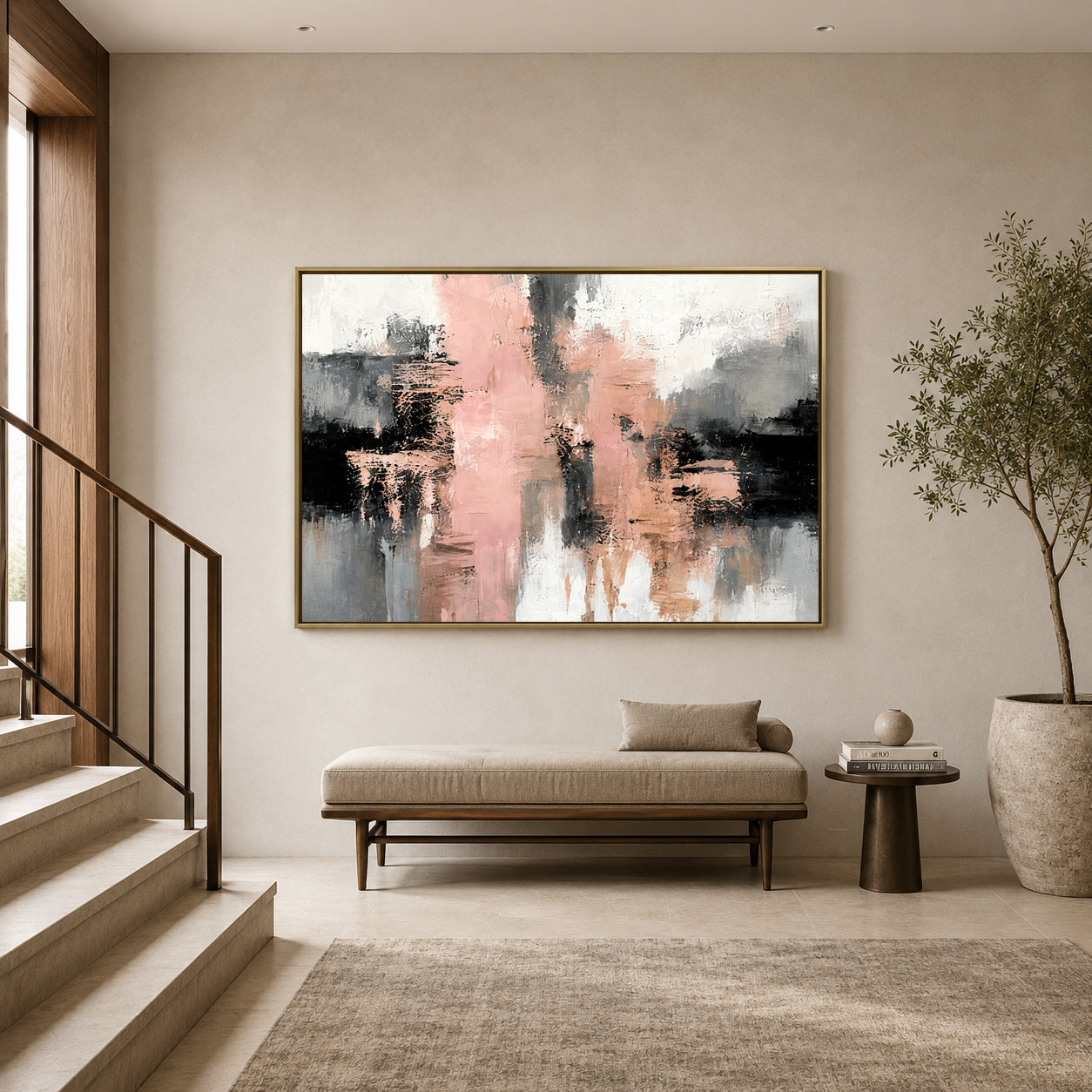 Blush Pink and Black Abstract Canvas Art with Grey Accents