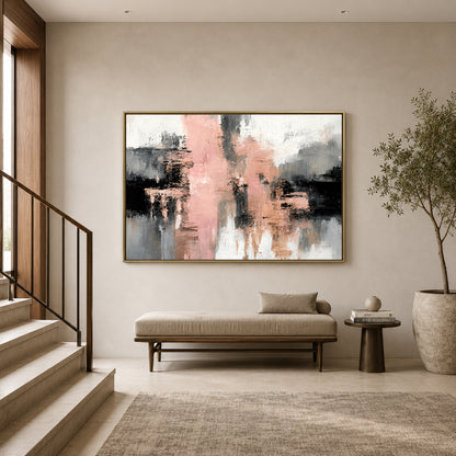 Blush Pink and Black Abstract Canvas Art with Grey Accents