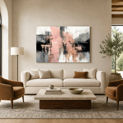 Blush Pink and Black Abstract Canvas Art with Grey Accents