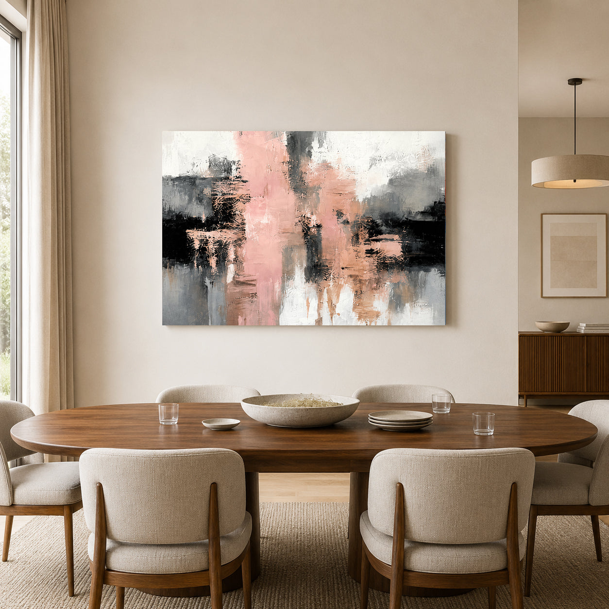 Blush Pink and Black Abstract Canvas Art with Grey Accents
