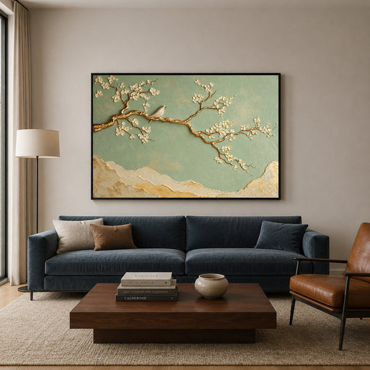 Sage Green Cherry Blossom and Gold Branch Canvas Art
