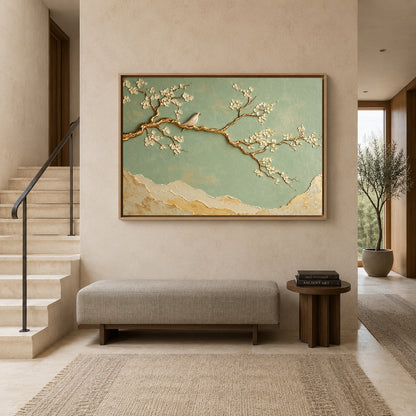 Sage Green Cherry Blossom and Gold Branch Canvas Art