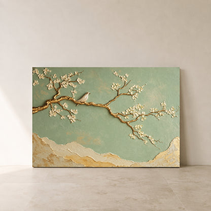 Sage Green Cherry Blossom and Gold Branch Canvas Art