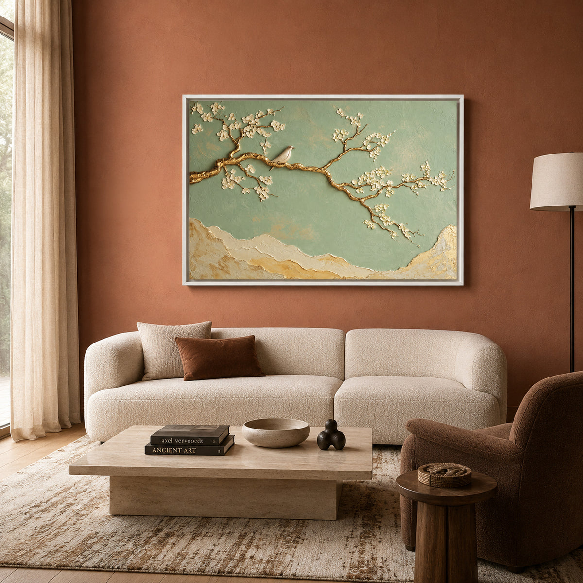 Sage Green Cherry Blossom and Gold Branch Canvas Art