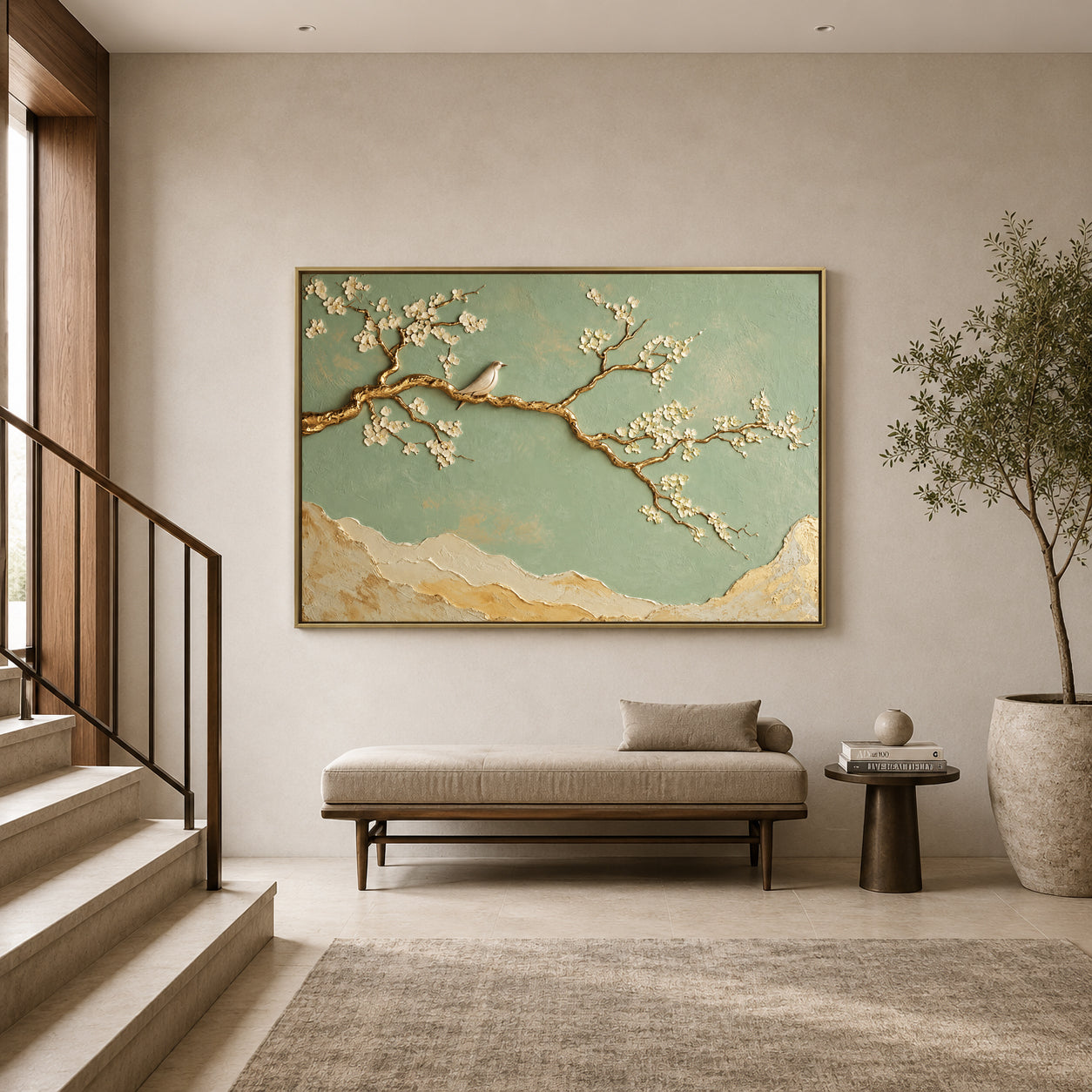Sage Green Cherry Blossom and Gold Branch Canvas Art