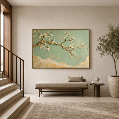 Sage Green Cherry Blossom and Gold Branch Canvas Art