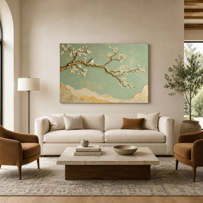 Sage Green Cherry Blossom and Gold Branch Canvas Art