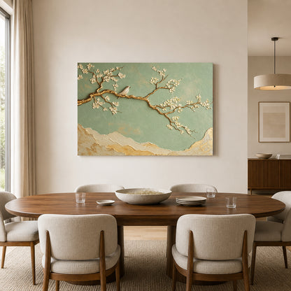 Sage Green Cherry Blossom and Gold Branch Canvas Art