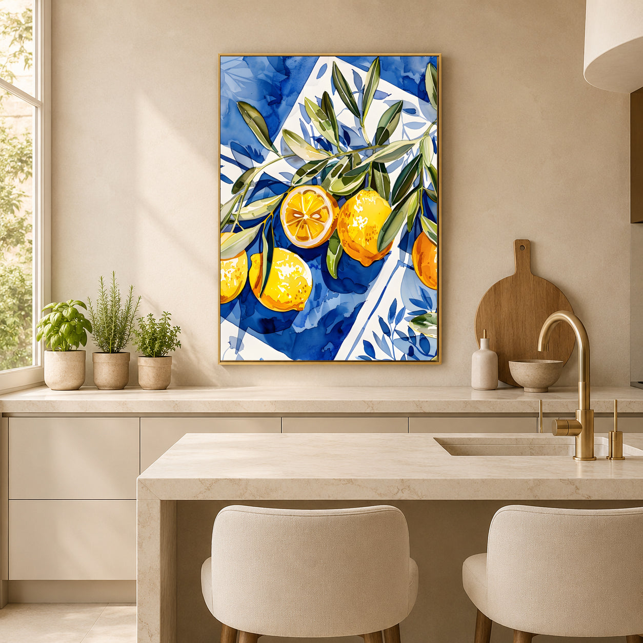 A vertical framed canvas print featuring a vibrant blue and white watercolor-style illustration of oranges with green leaves, hanging on a beige wall in a modern kitchen setting.
