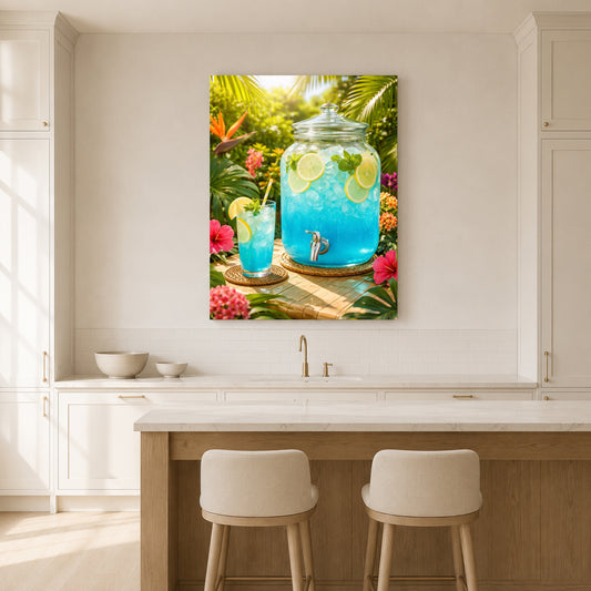 A colorful wall art print depicting tropical cocktails in a lush green garden, displayed on a light beige wall above a kitchen island with two stools.