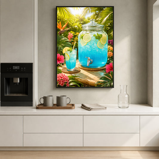 A framed tropical-themed wall art print hangs on a light gray kitchen wall above a white counter. The artwork shows a large glass beverage dispenser filled with bright blue drink and lime slices, alongside two matching glasses, surrounded by lush green leaves and pink flowers.