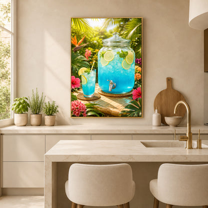 A framed tropical-themed wall art print hangs above a kitchen island. The artwork depicts a large glass beverage dispenser filled with bright blue drink and a matching glass cup, surrounded by lush green foliage, pink flowers, and citrus slices.