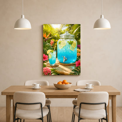 A vertical canvas wall art print depicting a tropical scene with a blue beverage dispenser and glass, displayed on a beige wall above a wooden dining table with chairs and pendant lights.