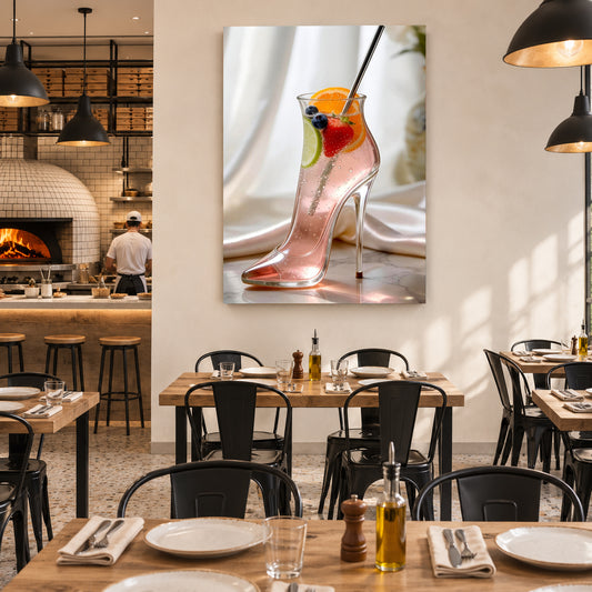 A large wall art print depicting a pink high-heel shoe filled with a pink cocktail, displayed in a modern restaurant interior with wooden tables, black chairs, and pendant lights.