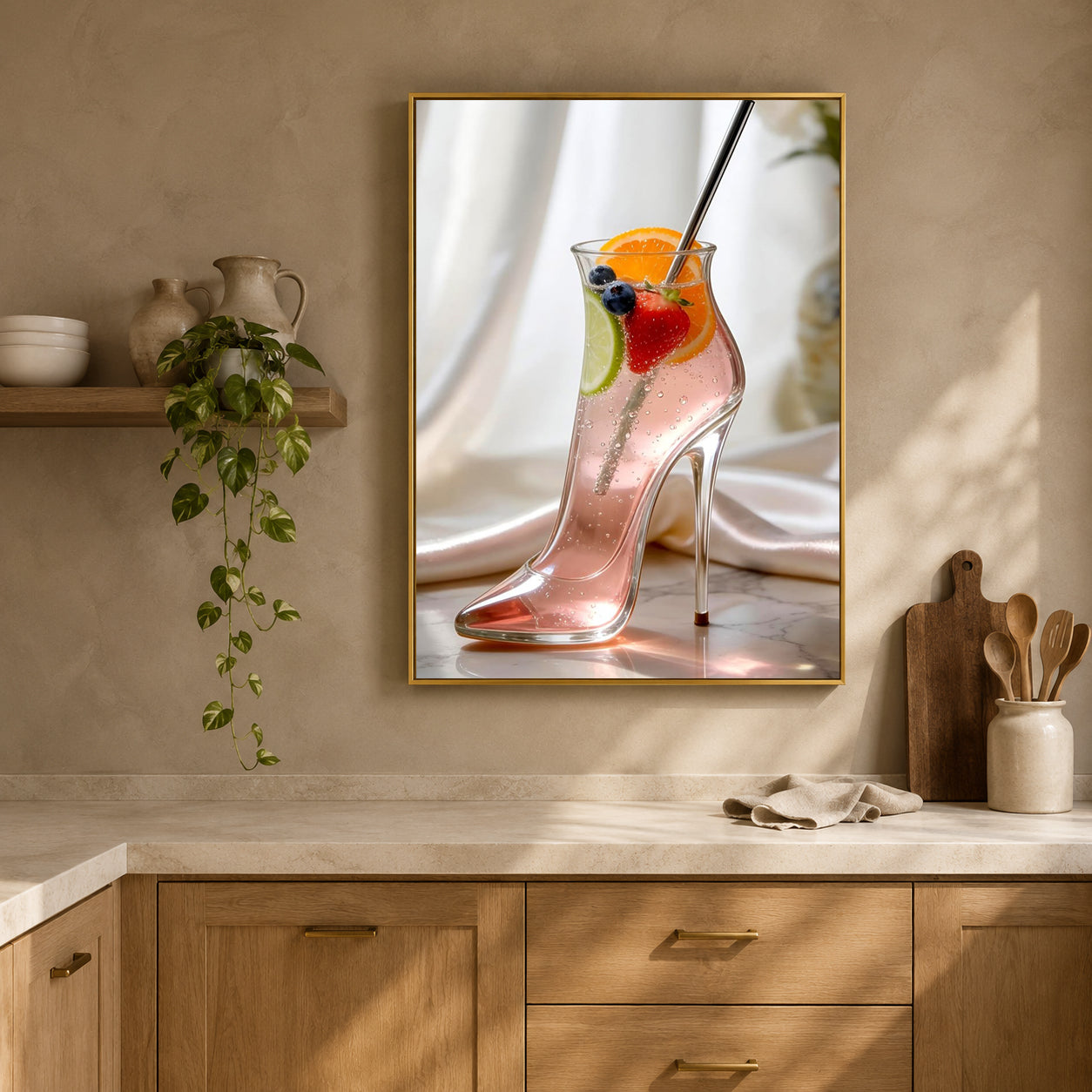 A framed wall art print hangs on a beige wall above a kitchen counter. The print shows a pink high-heeled shoe filled with a pink drink and fruit slices, including an orange slice, strawberry, blueberry, and lime.