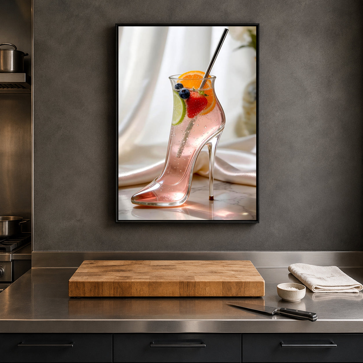 A framed wall art print hangs on a dark gray kitchen wall above a stainless steel counter. The print shows a pink high-heeled boot filled with a pink drink garnished with fruit and a straw.